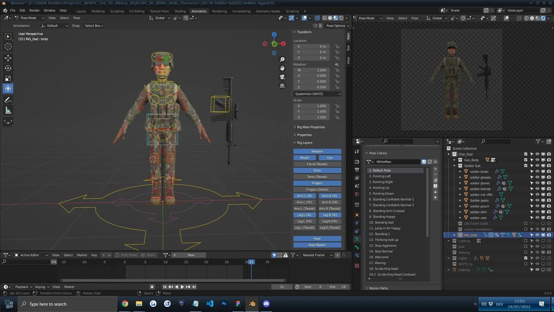 Blender source files preview for Cartoon Soldier Male Army Character